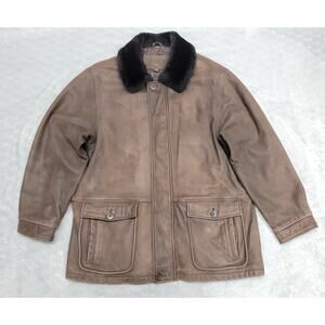 St John's Bay Vintage Leather Jacket Mens Large Brown Faux Fur Collar Quilted